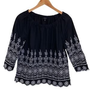 Talbots Black and White Eyelet Embroidered Peasant Top Size Small